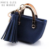 porte clés sac femme bleu foncé en forme de mini sac pour trousseaux de clé avec anneau et mousqueton doré
