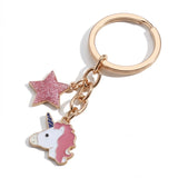 Porte-clé tête de licorne rose avec crinière ondulée, corne bleue et étoile rose pailletée sur fond blanc
