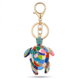 Porte clé tortue motif mosaïque bleu et multicolore avec anneau doré et détails brillants