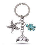 Porte clé tortue océan avec étoile de mer, petite tortue turquoise et queue de baleine