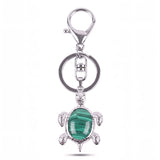 Porte clé tortue pierre malachite verte avec motif strié et métal argenté