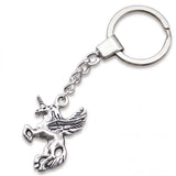 Porte-clef licorne ailée argenté en métal avec chaine et anneau