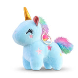 Porte clefs licorne en coton bleu avec crinière multicolore, corne dorée et anneau métallique