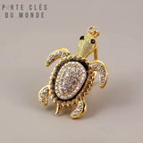 porte clefs tortue strass marron chaud, avec corps de la tortue doré