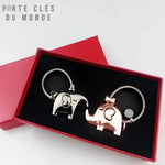 porte-clés pour couple en forme d'éléphants amoureux couleur noire et rose doré dans un coffret