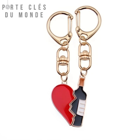 porte-clés couple vin coeur rouge et bouteille