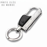 porte clés homme multifonction sur fond blanc, avec mousqueton et 2 anneau pour clé en acier inoxydable