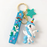 Porte-clés licorne, licorne ailée blanche à crinière bleue avec corne multicolore, lanière bleue et étoile verte