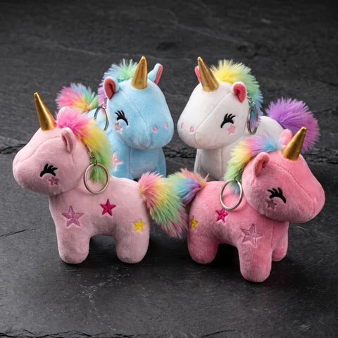 Porte-clés licorne en coton rose clair, rose foncé, bleu et blanc avec crinières multicolores et cornes dorées