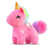 Porte clé licorne en coton rose foncé avec étoiles brodées, crinière et queue multicolores