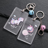 Deux porte-clés licorne porte-cartes transparents avec grelots rose et bleu