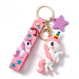 Porte-clés licorne, licorne ailée blanche à crinière rose pastel avec lanière rose et étoile violette
