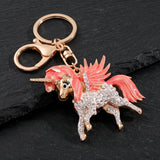 Porte-clés licorne rose serti de strass avec mousqueton doré